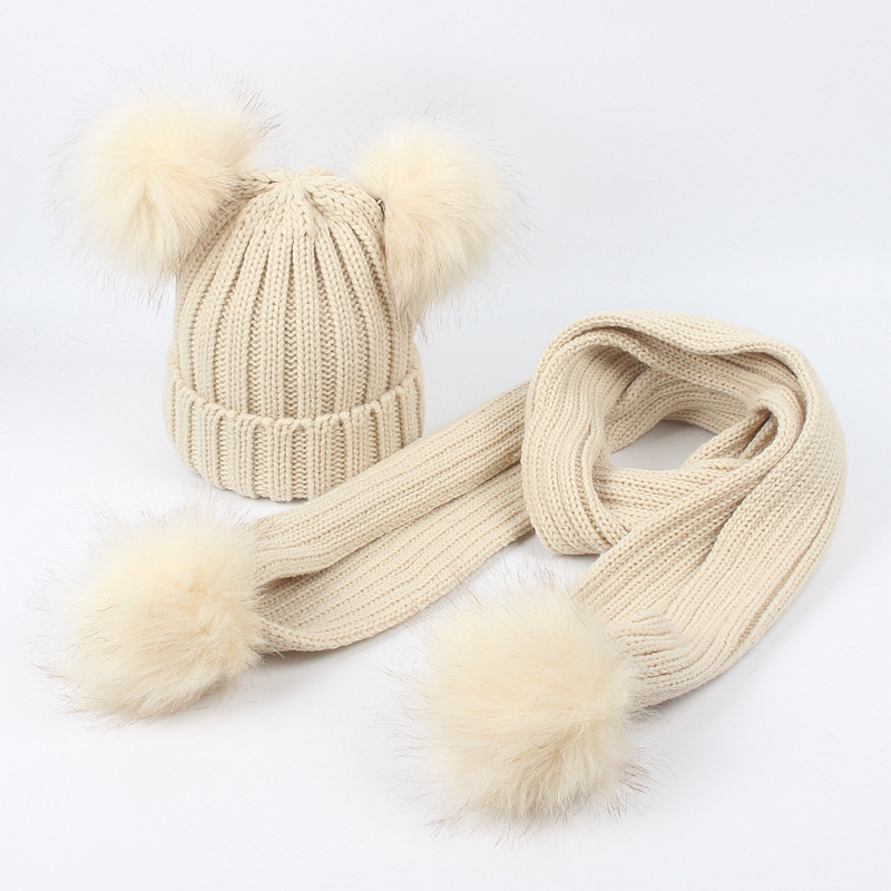 Conjunto de bufanda y gorro para niños y niñas, doble pompón de piel sintética, cálido, tejido, largo, Invierno