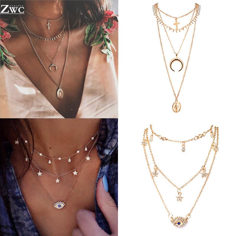 ZWC – colliers Boho Vintage pour femmes, chaîne en or, longue lune, multi-couches, pendentif, bijoux ras du cou bohème,