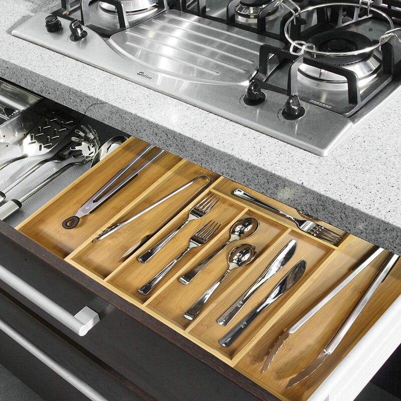 Verstelbare, uitbreidbare verdelers, ladeverdelers van bamboe, lade-organizers van natuurlijk bamboe, het beste voor keuken, dressoir, slaapkamer