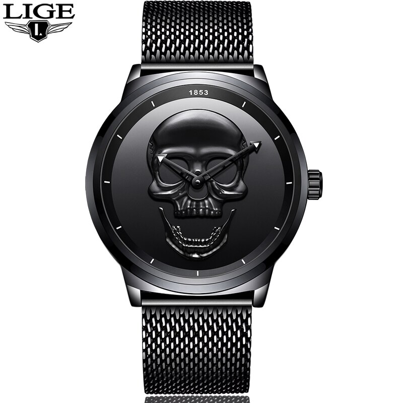 2018 lige mærke cool punk stil pirat skelet kranium quartz herreure mesh stål sport sort ur herre relogio masculino+box