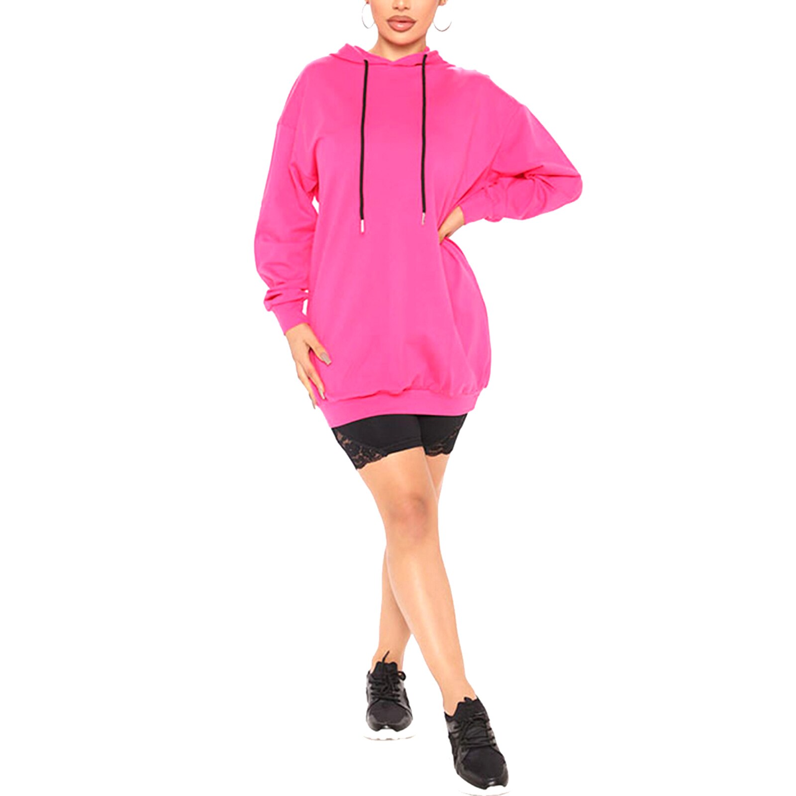 Pullover Solid Hooded Long Sweatshirts Women Long Sleeve Loose Baggy Sport Casual Drawstring Hoodies Top Streetwear