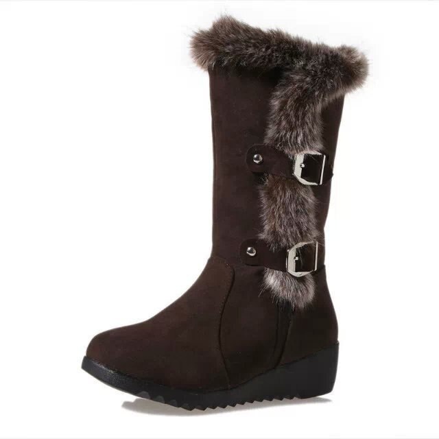 Vinter mid boots varmare plysch dam platta skor solid fuskpäls skor flickor långa stövlar kvinnliga snökängor kvinna: Brun / 42