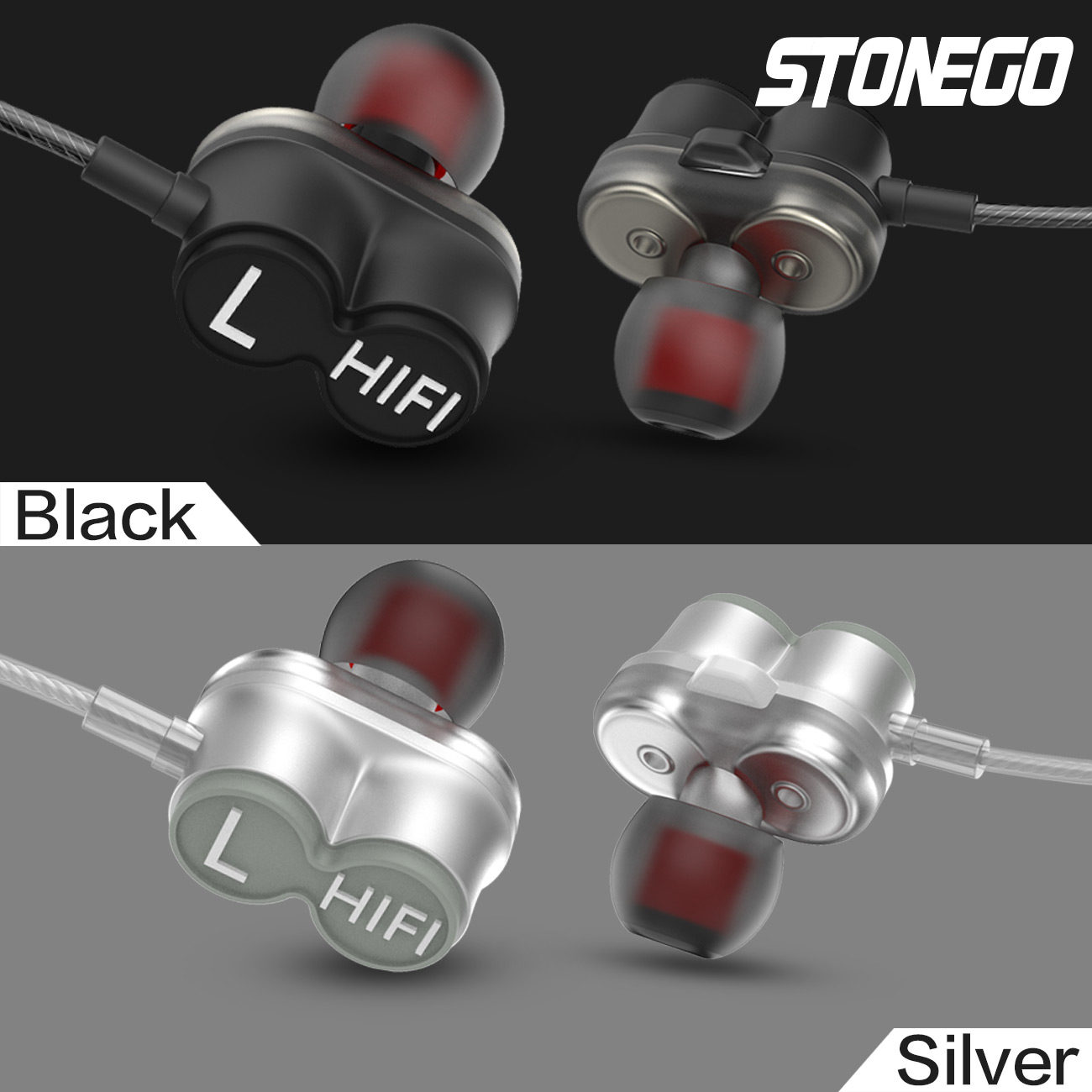 STONEGO podwójny sterownik słuchawki douszne słuchawki sportowe dynamiczne słuchawki mikrofon głośnomówiący dodatkowy bas radiowy 3.5mm Jack