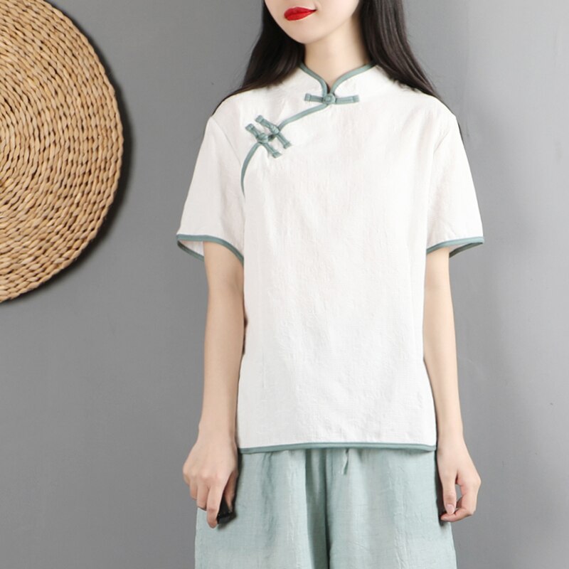 Qipao chino tradicional para mujer , top de algodón de manga corta y lino, tops de hadas hanfu, camisa tang vintage de encaje chino: color1