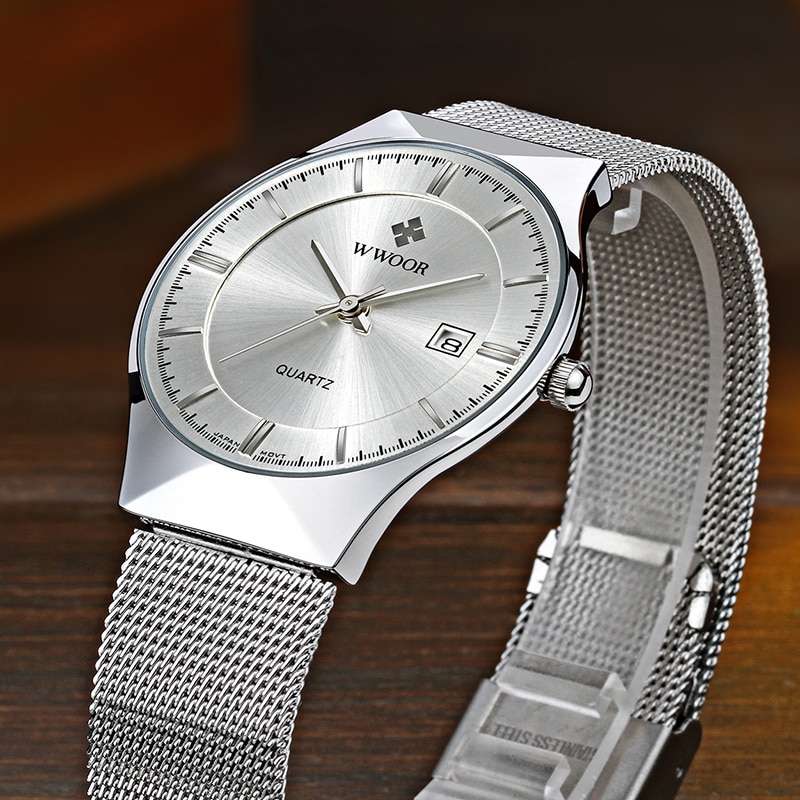 Relojes WWOOR plateados para hombre con malla de acero, superior de lujo, cuarzo ultrafino, resistente al agua, fecha, reloj de pulsera de negocios, caja Montre Homme