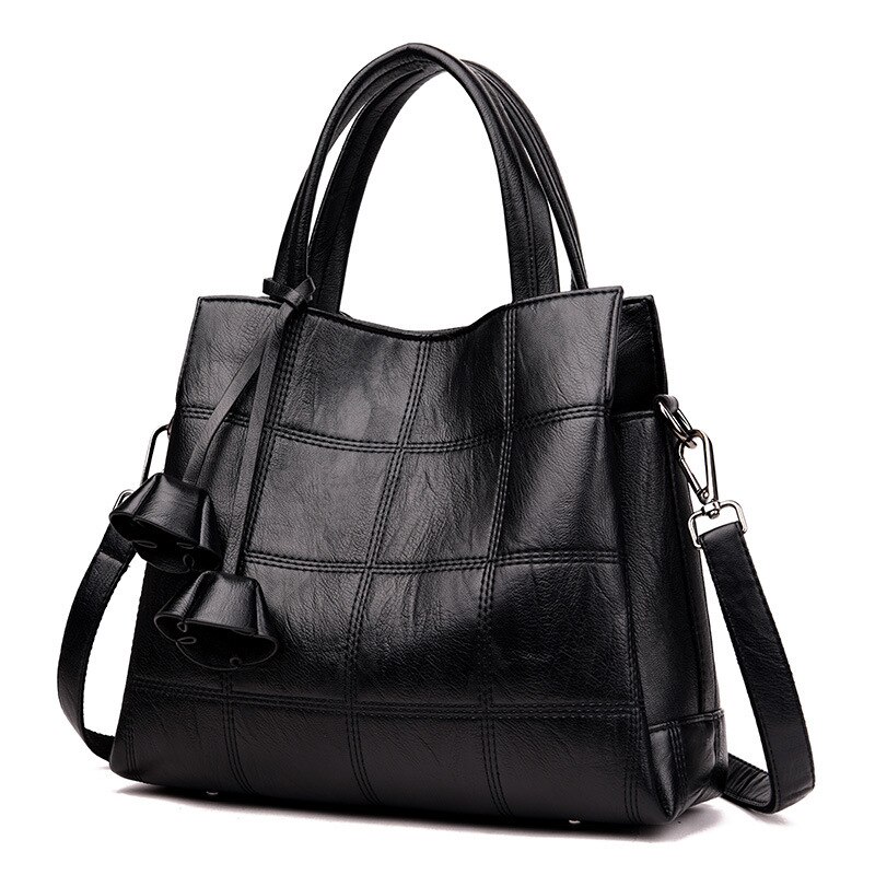 Yiyi's Manufacturer direct sales middle aged mother lady handbag versatile soft leather women's bag three layer large ca: black