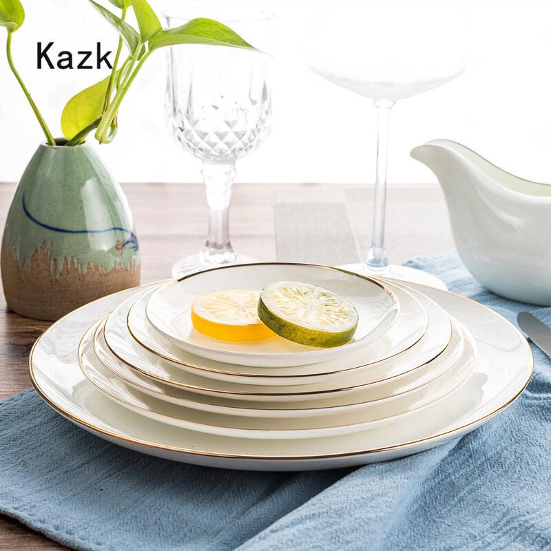 Simplicity Golden Edge Ceramic Plate Household Dining Table Steak Dinner Plate Dessert Salad Dishes Luxurious Tableware Set