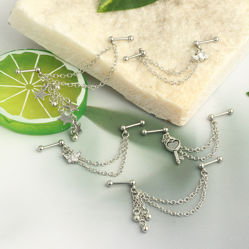 1pc Chain Earrings Stainless Steel Simple Industrial Piercing Love Heart Cartilage Helix Barbell Jewelry for Women