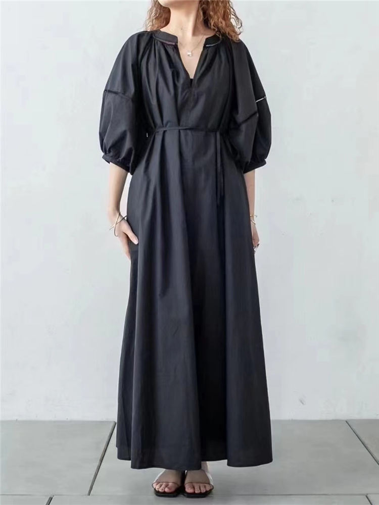REALEFT 2023 nueva linterna manga camisas de mujer vestidos con cordones sólido Casual suelto recto vestidos largos mujer primavera otoño: Negro