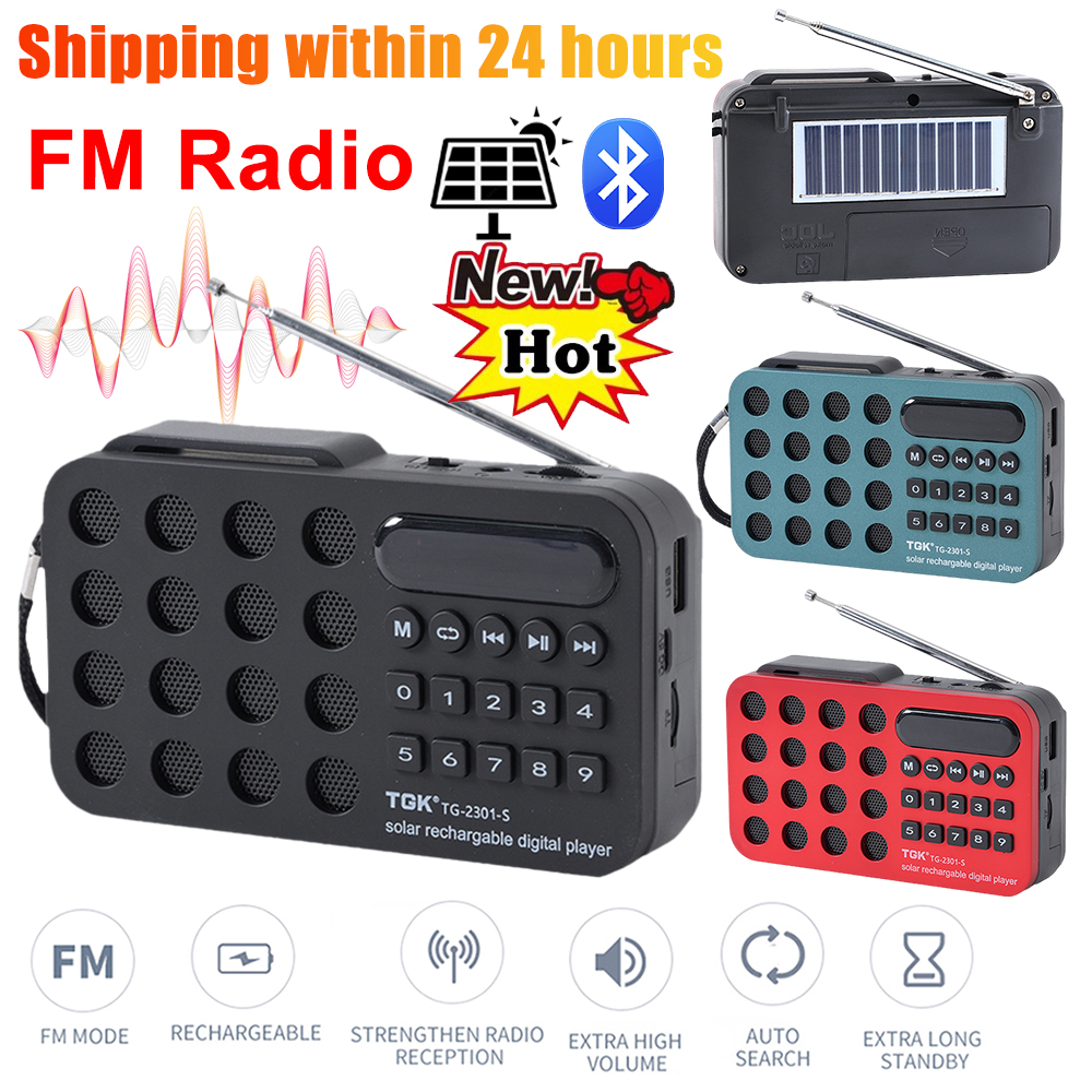 Bärbar fm-radio solarradio mini fickradio uppladdningsbar batteridriven radio stödjer usb tf-kort spelar trådlös bluetooth-högtalare