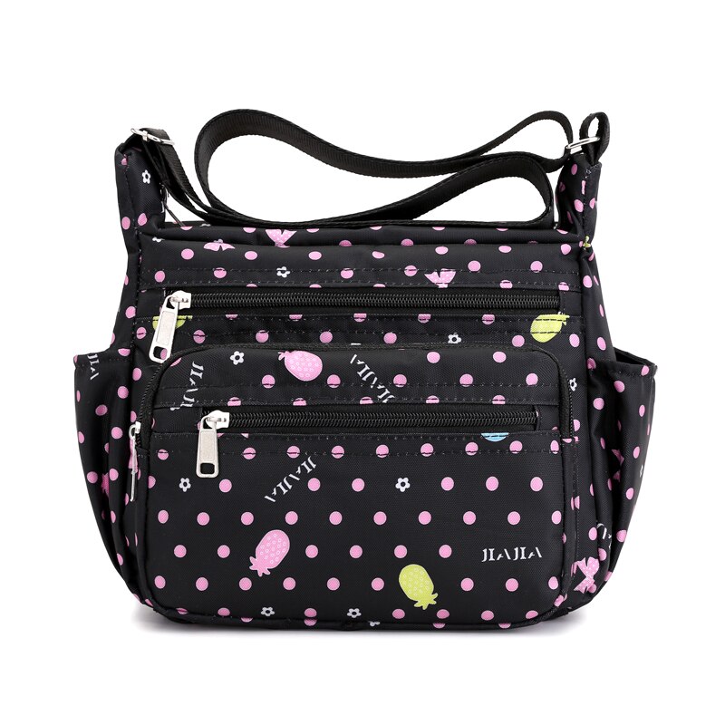 RUWB Europäischen und Amerikanischen Stil Nylon Kleine Schulter Tasche Damen lässig Blumen- Umhängetaschen für Frauen Klappe Bote Tasche Bolsa: schwarz Dot