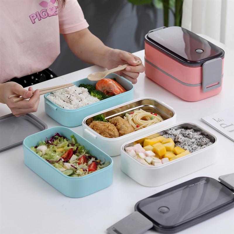 1Pc Double Deck Meal Box Double-deck Portable Meal Box Packed Food Box Container for Takeaway (Sky-blue)