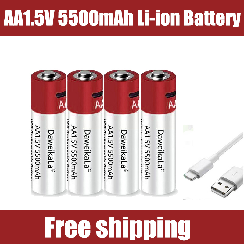 2021New AA USB rechargeable Li ion battery 1.5V AA 5500mah / Li ion battery watch for toys MP3 player thermometer keyboard