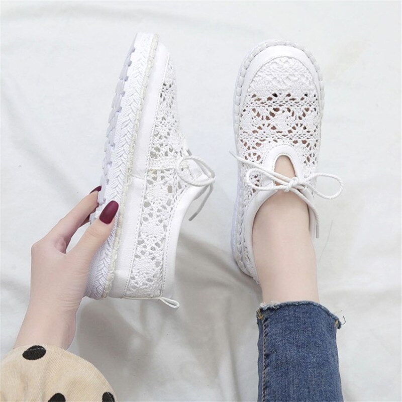 COOTELILI – chaussures plates respirantes à lacets pour femmes, Oxfords ajouré, bout rond, blanc, Beige
