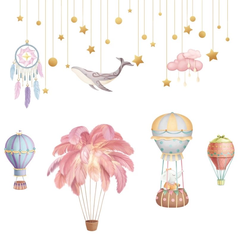 Roze Veer Luchtballon Woonkamer Muursticker Dream Catcher Kinderkamer Decoratie Verwijderbare Vinyl Diy Behang