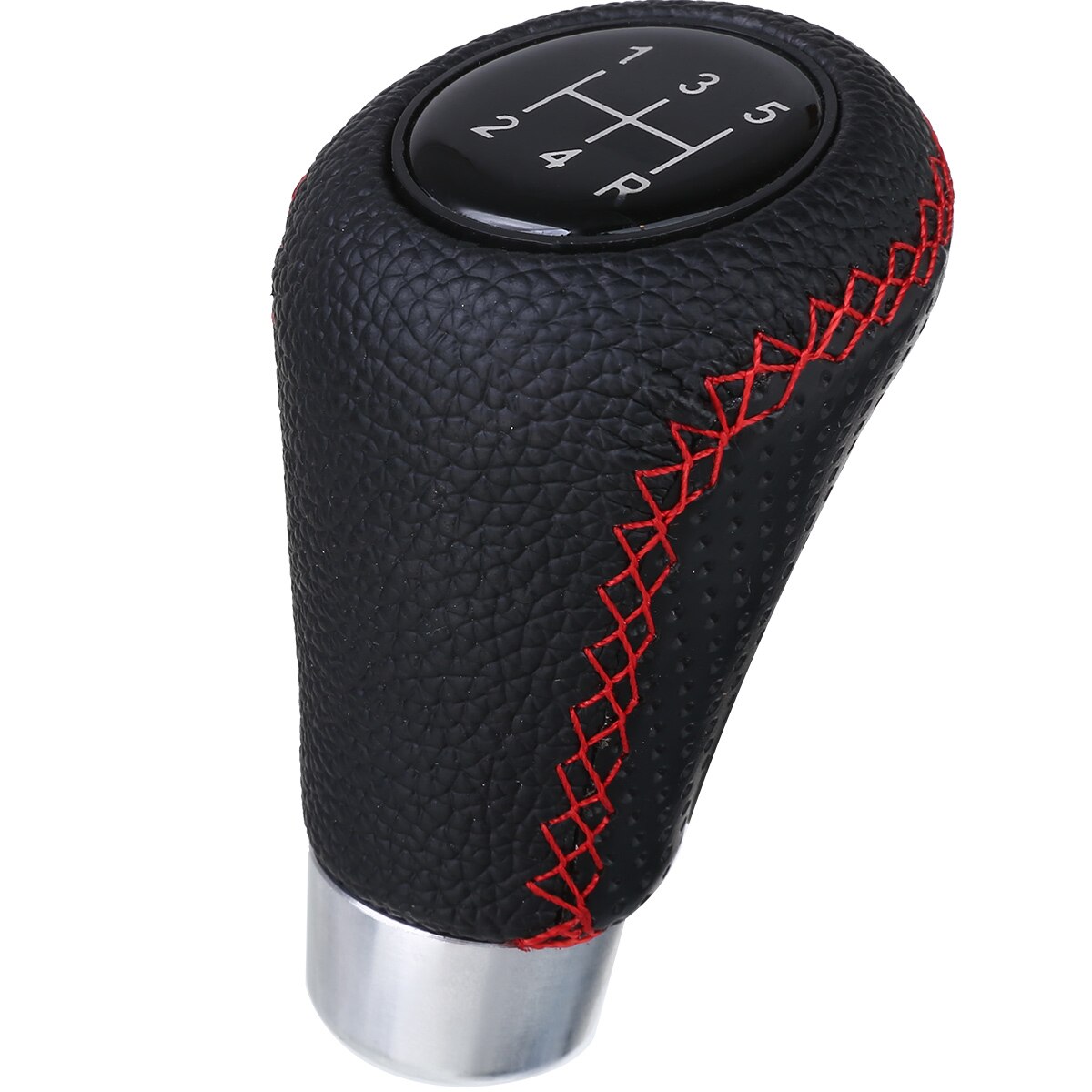 Universal 5 Speed Shift Knob Leather Red Stitch Car Gear Stick Shift Knob Lever Shift Knob Head Kit with Hoses Screws