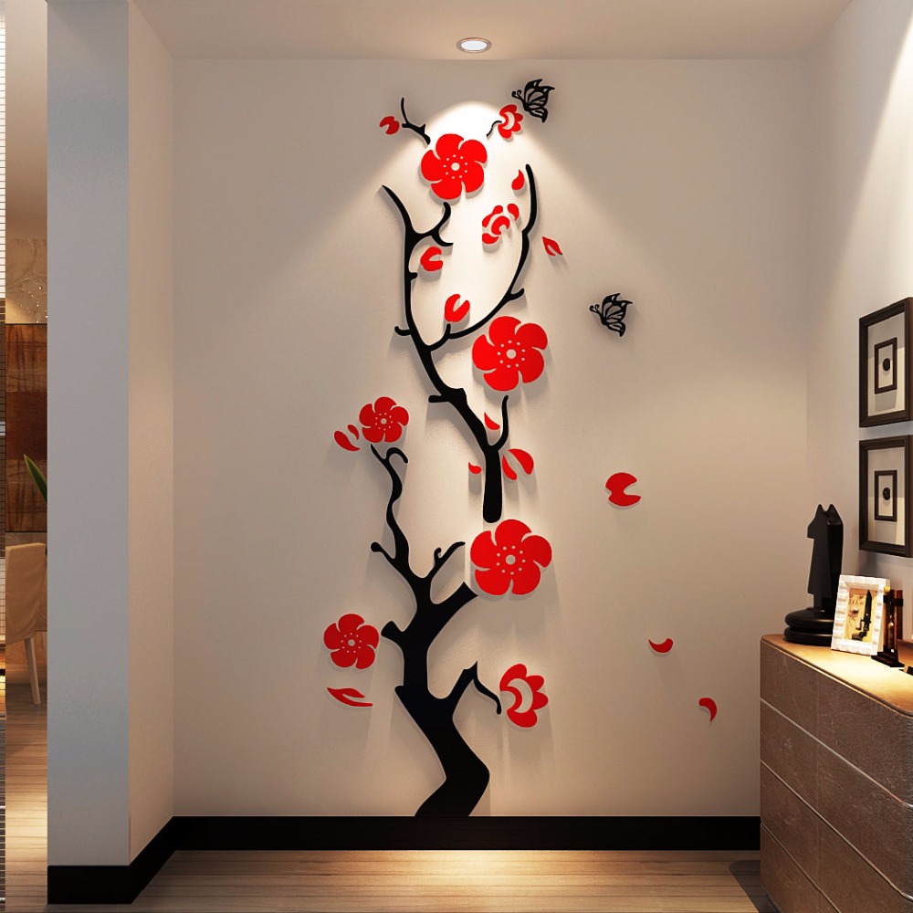 Stickers muraux fleur prune miroir 3d acrylique | Bricolage, décoration murale pour chambre à coucher, salon, entrée, décoration murale