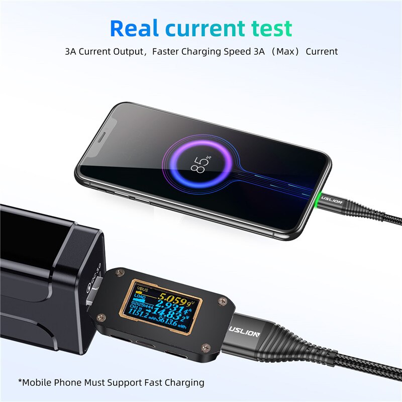 USLION USB Type C LED Fast Cable For Samsung S10 S9 Redmi note 8 pro Phone 3A Fast Charging USB-C Charger Wire Charger Data line