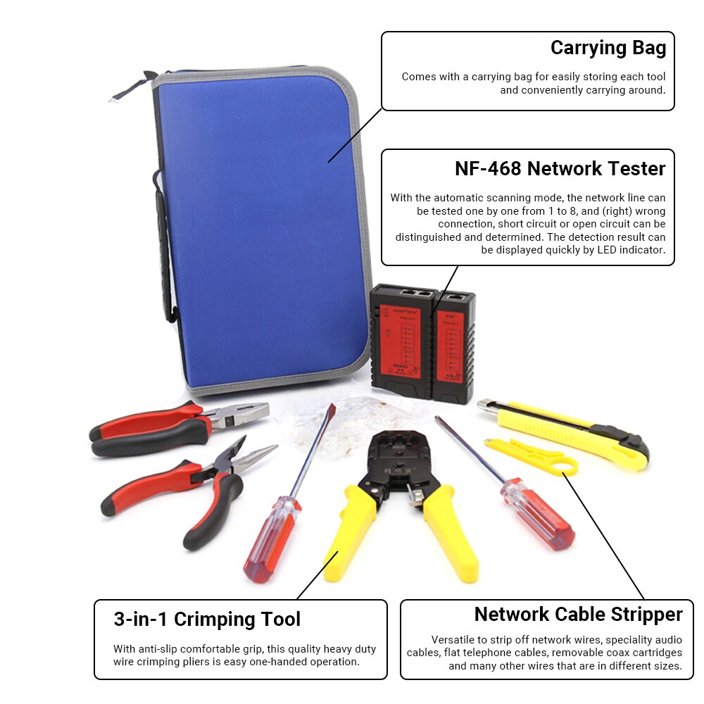 Rj45 nettverkskabel tester sett lan kabel tester trådkutter skrutrekker tang pressing vedlikeholdsverktøy sett