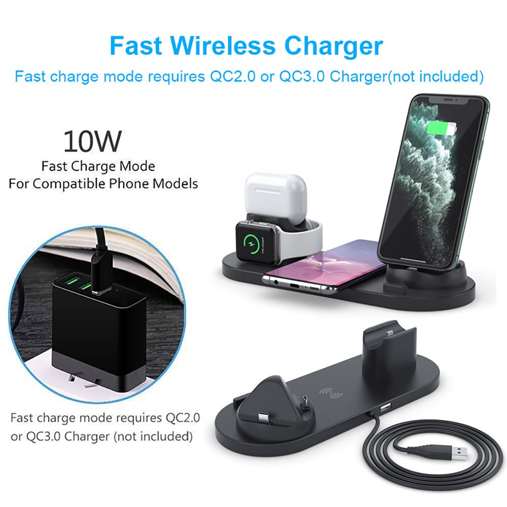 6 in 1 Qi Wireless Charger Dock Station for iPhone 11 Pro XS XR X 8 Samsung S20 S10 Android Type-C USB 10W Fast Charging Bracket