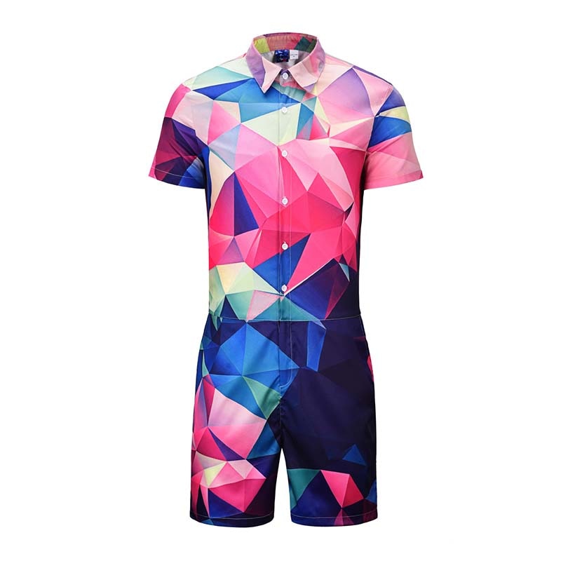 Gradient Geometric 3D Print Rompers Men Short Sleeve 3d Jumpsuit Playsuit Harem Cargo Overalls Summer One Piece Sleepwear