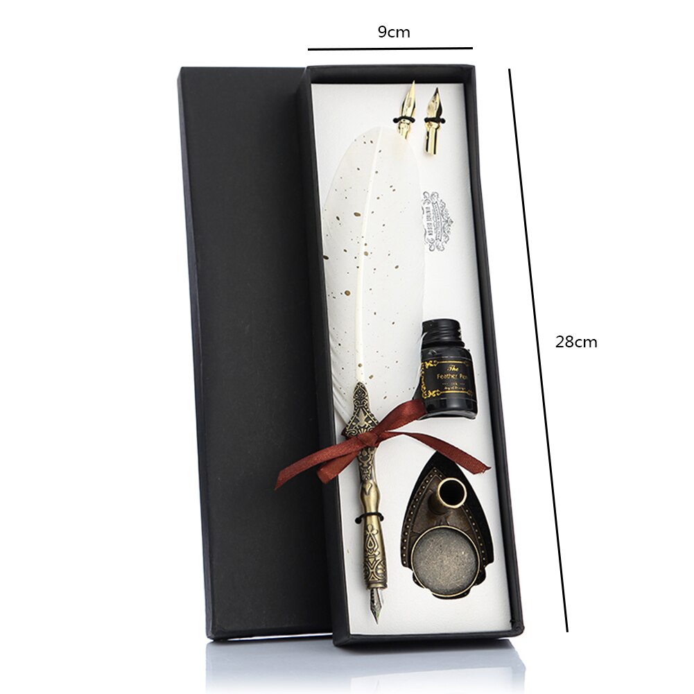 Retro Calligraphy Feather Dip Pen with 2 Nib Set Quill Fountain Writing Vintage Stationery Classic Box without Ink: White