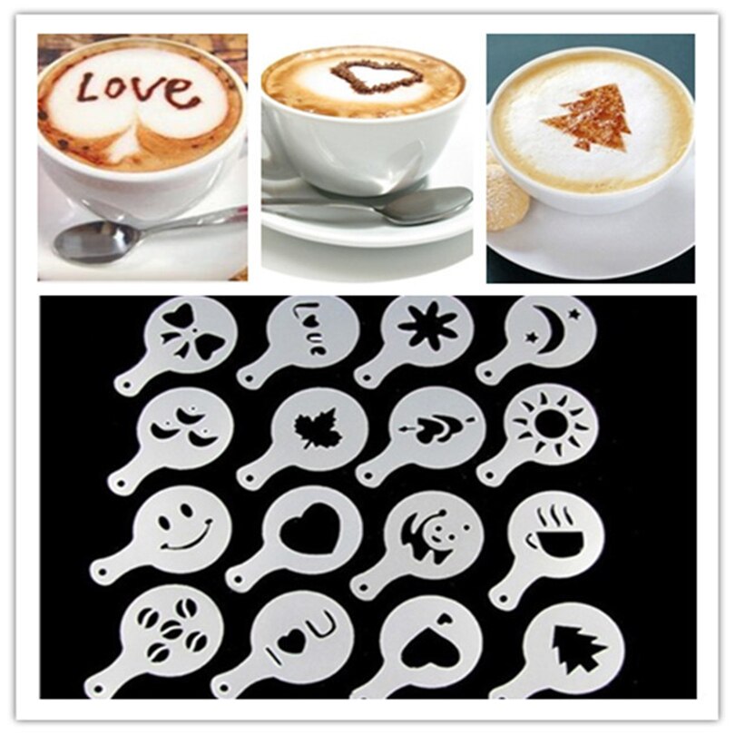 16 stks/set Koffie Tekening Cappuccino Mold Fancy Natie Afdrukken Model Koffie Schuim Spuiten Taart Stencils Poedersuiker Zeef Gereedschap