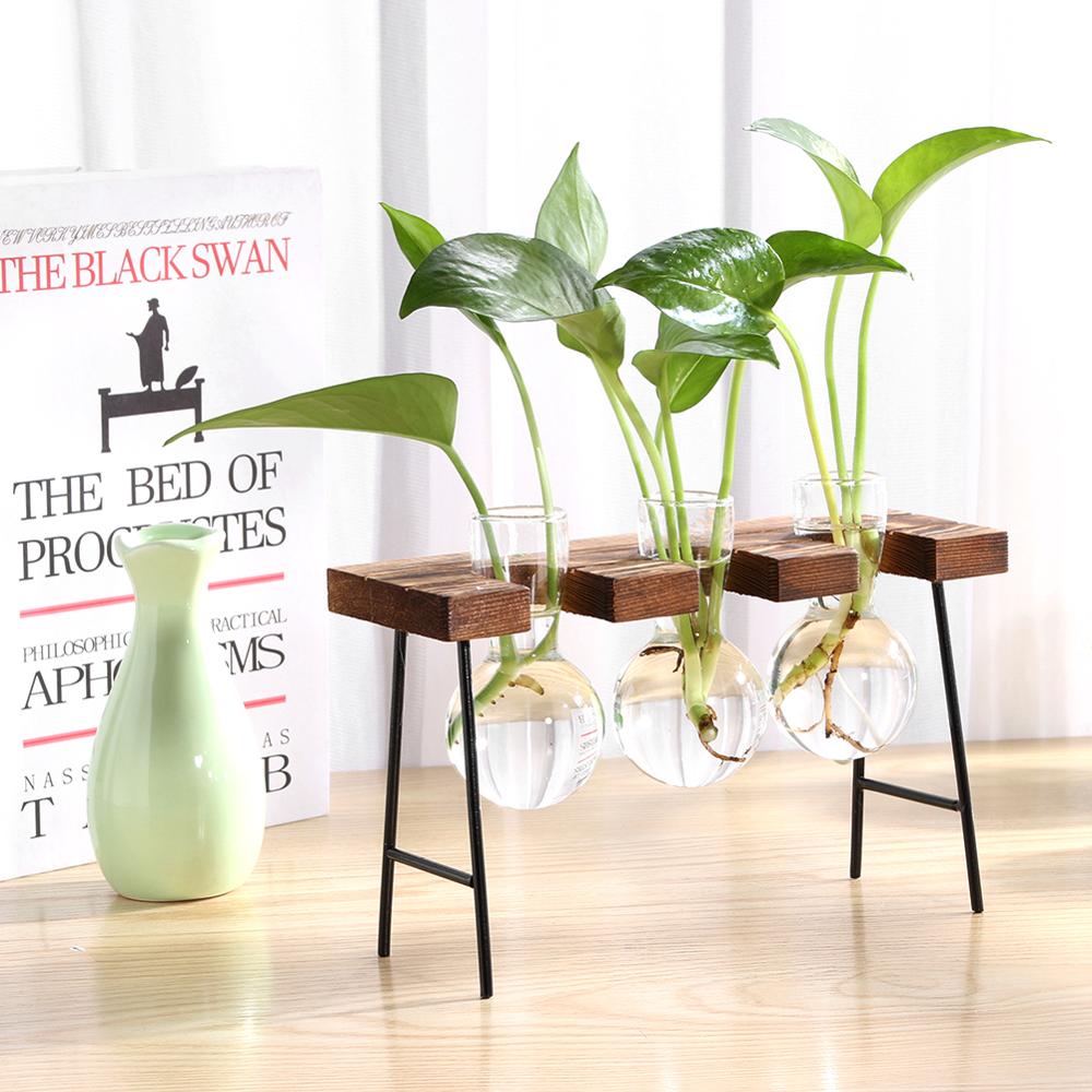 Glas og træ vase plante terrarium bord desktop hydroponics plante bonsai urtepotte hængende potter med træbakke boligindretning: Type 9