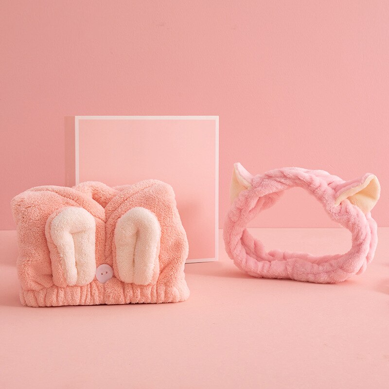 Roze Meisjes Droog Haar Cap Verdikte Water-Absorberende Sneldrogende Coral Fleece Badmuts Wassen Gezicht Hoofdband Set voor Make-Up Remover