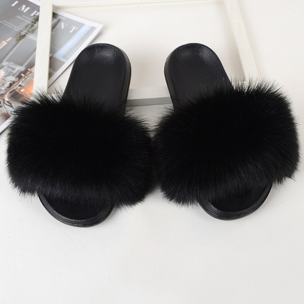 Imitatie Vossenbont Slippers Faux Furry Fluffy Slippers Vrouwen Slides Sandalen Indoor Schoenen Voor Vrouwelijke Slip Op Slippers d30: Black / US 10-11