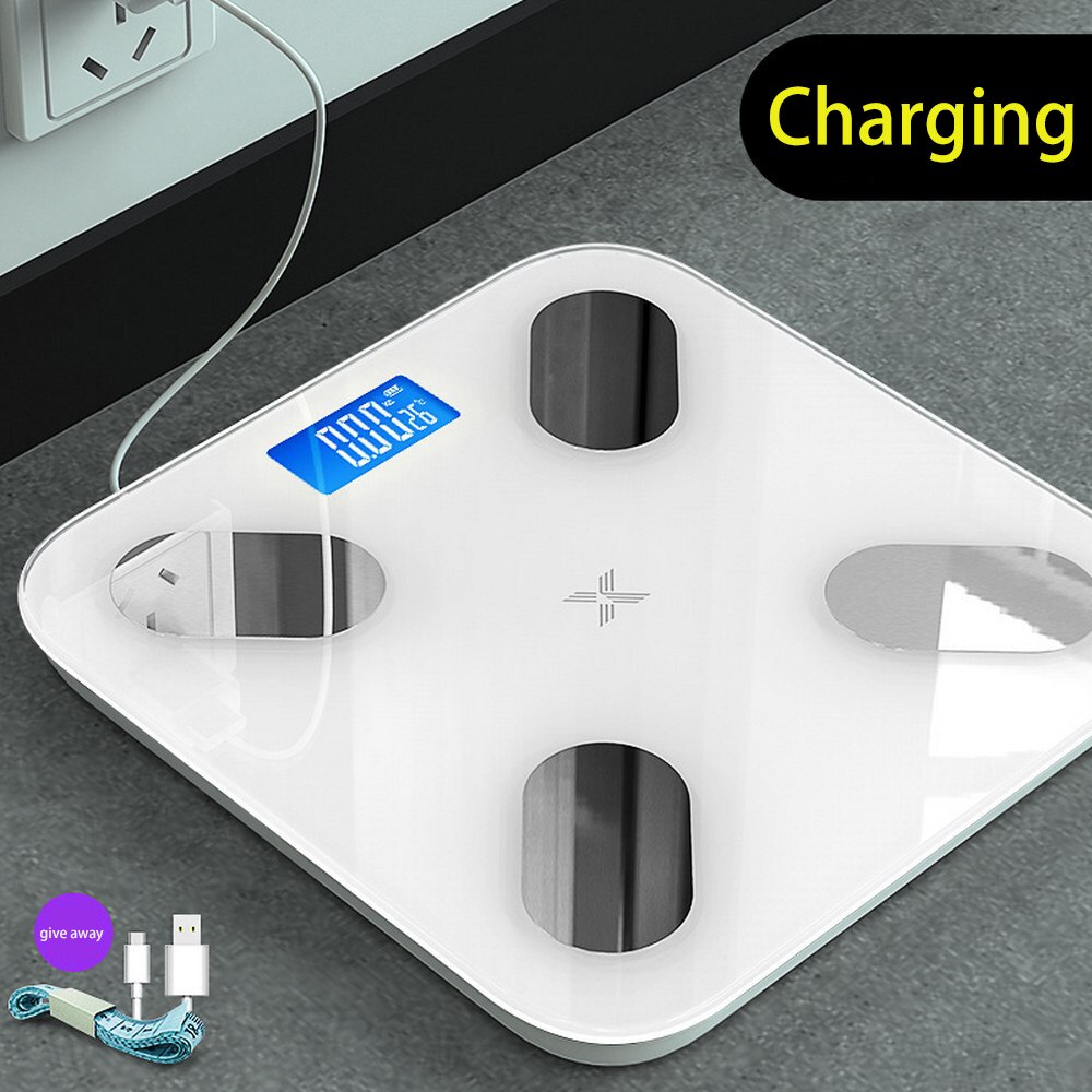 Báscula de grasa de carga USB báscula electrónica de composición corporal báscula de peso de grasa báscula de equilibrio de pantalla LED electrónico APP análisis de datos: White-charging