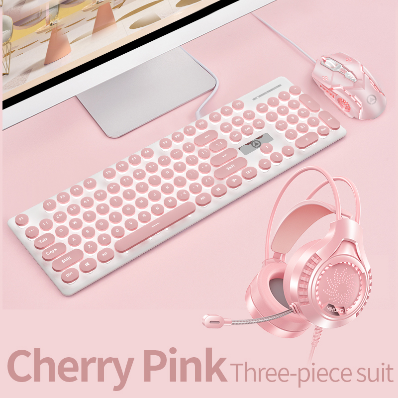Punk Backlit Gaming Keyboard and Mouse Mechanical Feel Round Keycaps USB Wired Cherry Pink Keyboard Mouse Headphone for PC Gamer: SMT3C517Pink3in1
