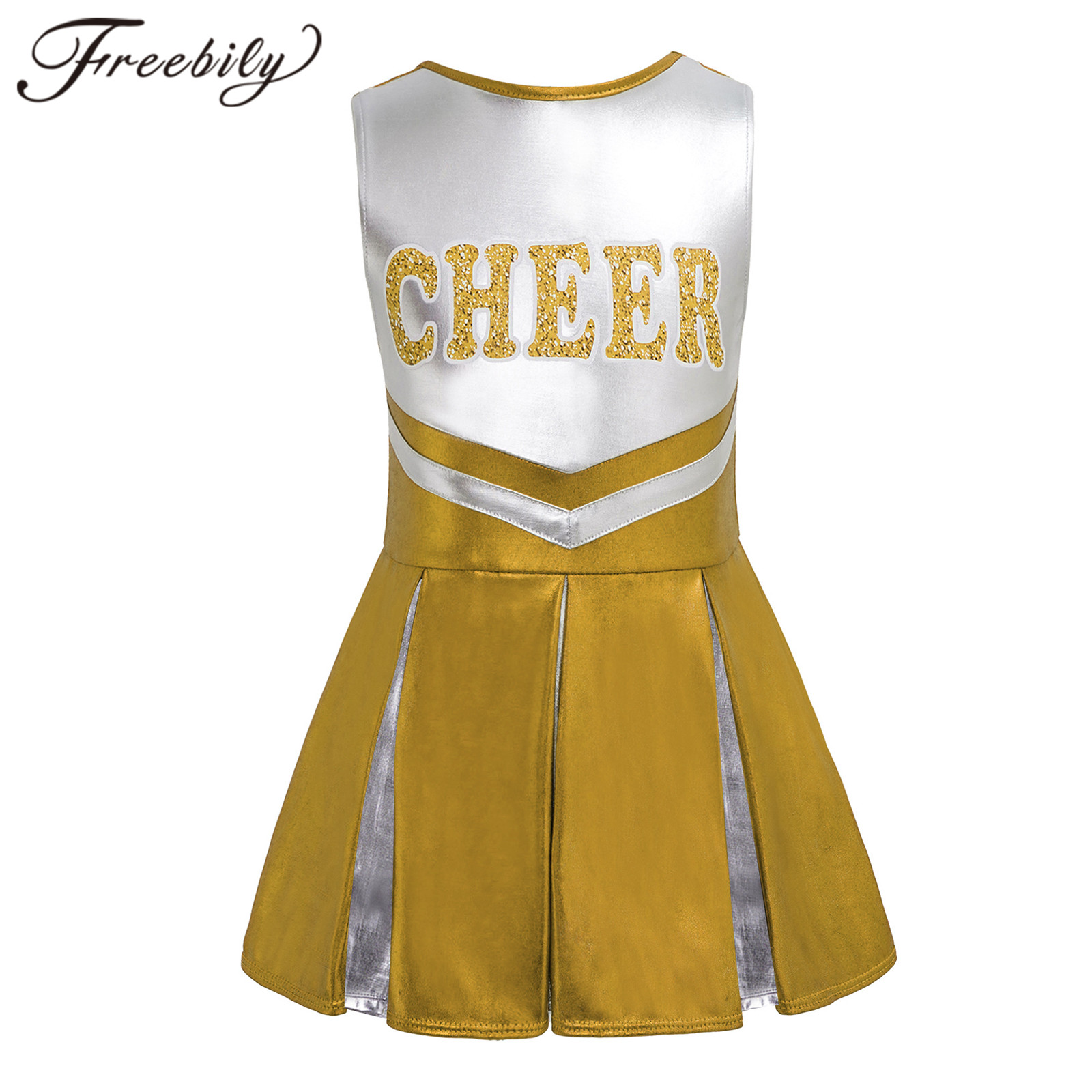 Kids Meisjes Cheerleading Uniform Jurk Metallic Dancewear Voor Dansen Concurrentie Cheerlead Dans Jurk Kind Cheerleader Kostuum