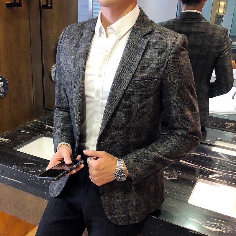 Vintage rutig kavaj brittisk snygg manlig kavaj kostymjacka business casual kavaj med en knapp för män vanlig abrigo hombre