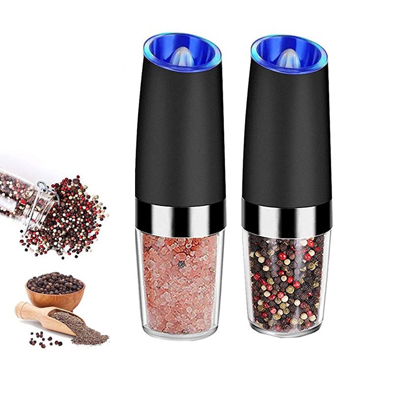 Gravity Electric Salt And Pepper Grinder Set - Adjustable Automatic Mills - 2 Pack, Black