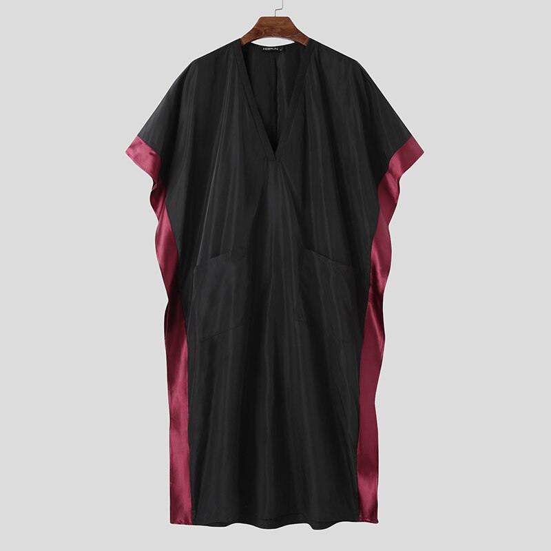 Men Muslim Jubba Thobe Half Sleeve Loose Patchwork V Neck Robes Islamic Arabic Kaftan Casual Men Clothing S-5XL INCERUN: S
