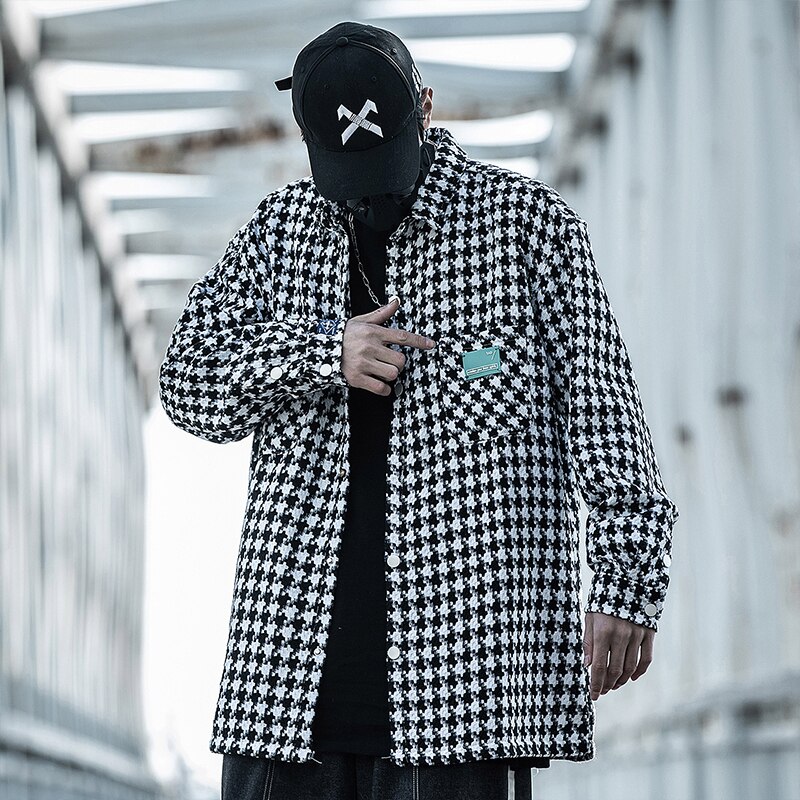 Houndstooth Frayed Tweed Jacket Coat Men Black Plaid Shirts Vintage Loose Long Sleeve Pockets Male Outerwear Chic Casual Tops
