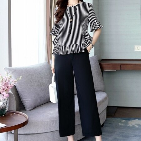 Summer Office Pants Set Women Fashions England Short Sleeve Loose Ruffles Top T-Shirt Wide Leg Pants 2 Piece Set Plus Size: 6 / 4XL