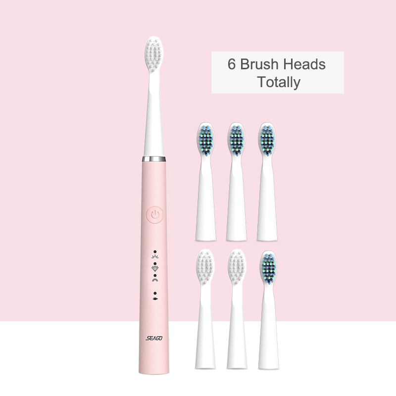 Cepillo de dientes eléctrico recargable sónico de SEAGO cepillo de dientes automático mejorado para adultos con 6 cabezales de cepillo: Pink-6 heads