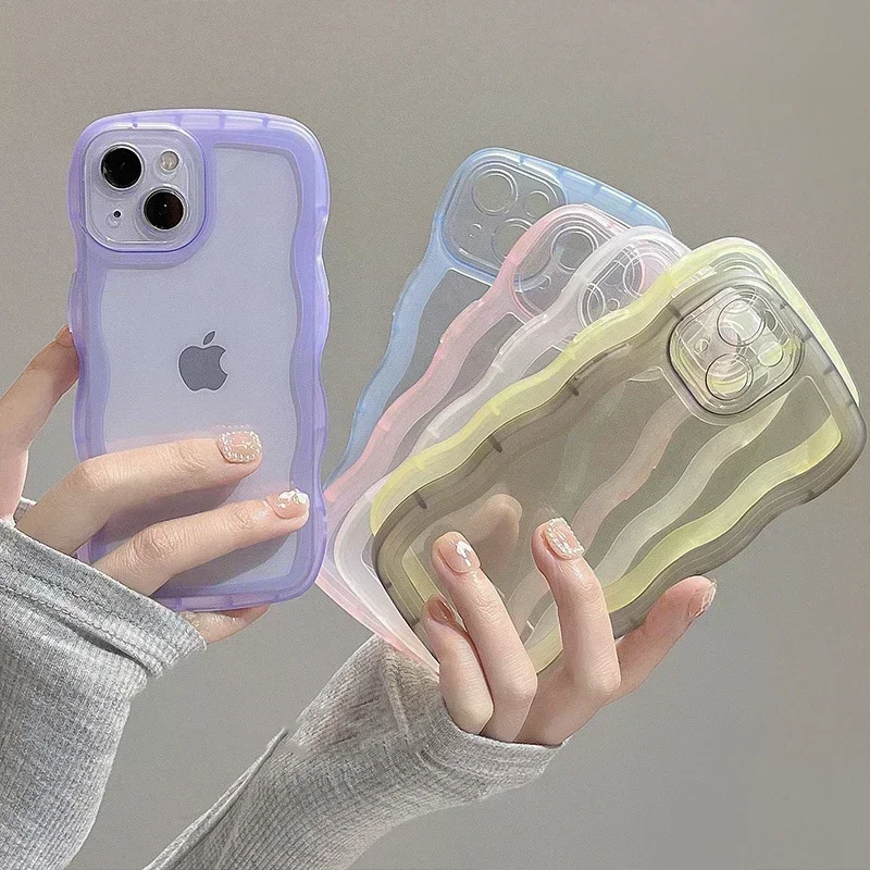 Para iPhone 16 15 14 Pro15 14 16 Pro Max 16 Plus funda bonita transparente onda rizada híbrida a prueba de golpes cubierta de parachoques Fundas suaves