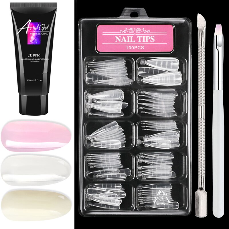 Kit de faux-ongles pour Extension de Gel UV, ensemble français pour construction rapide, moule, pointes, cuillère à cuticules en acier inoxydable, brosse à trancher, 6 pièces: SET-A
