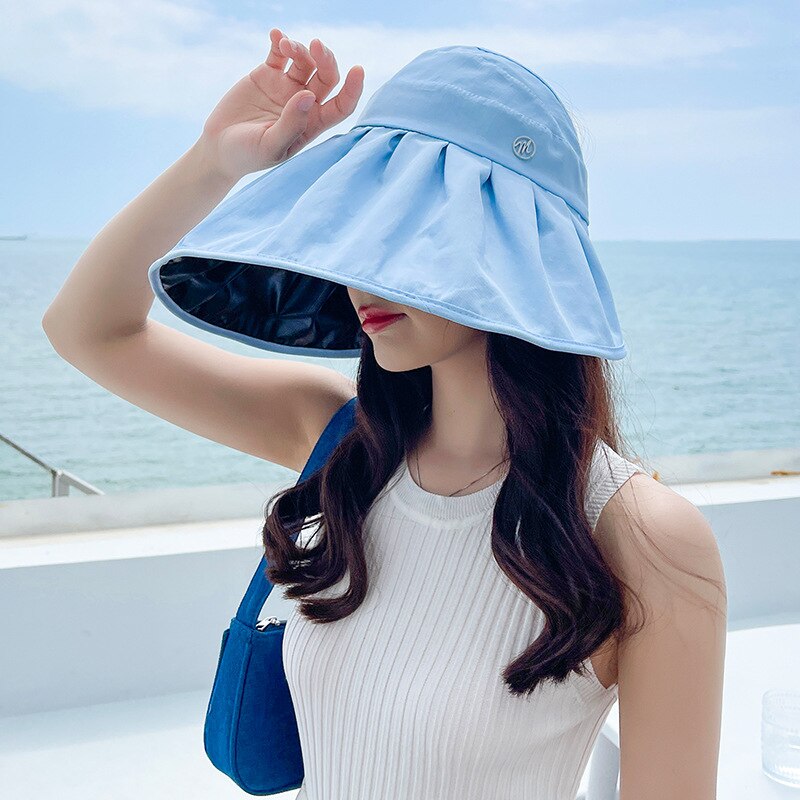 Sun Hats for Women Summer Black Glue Bow Female Panama Hollow Straw Hat UV Protection Big Brim Face Sunscreen Sun Bucket-Hats: Style2-Blue