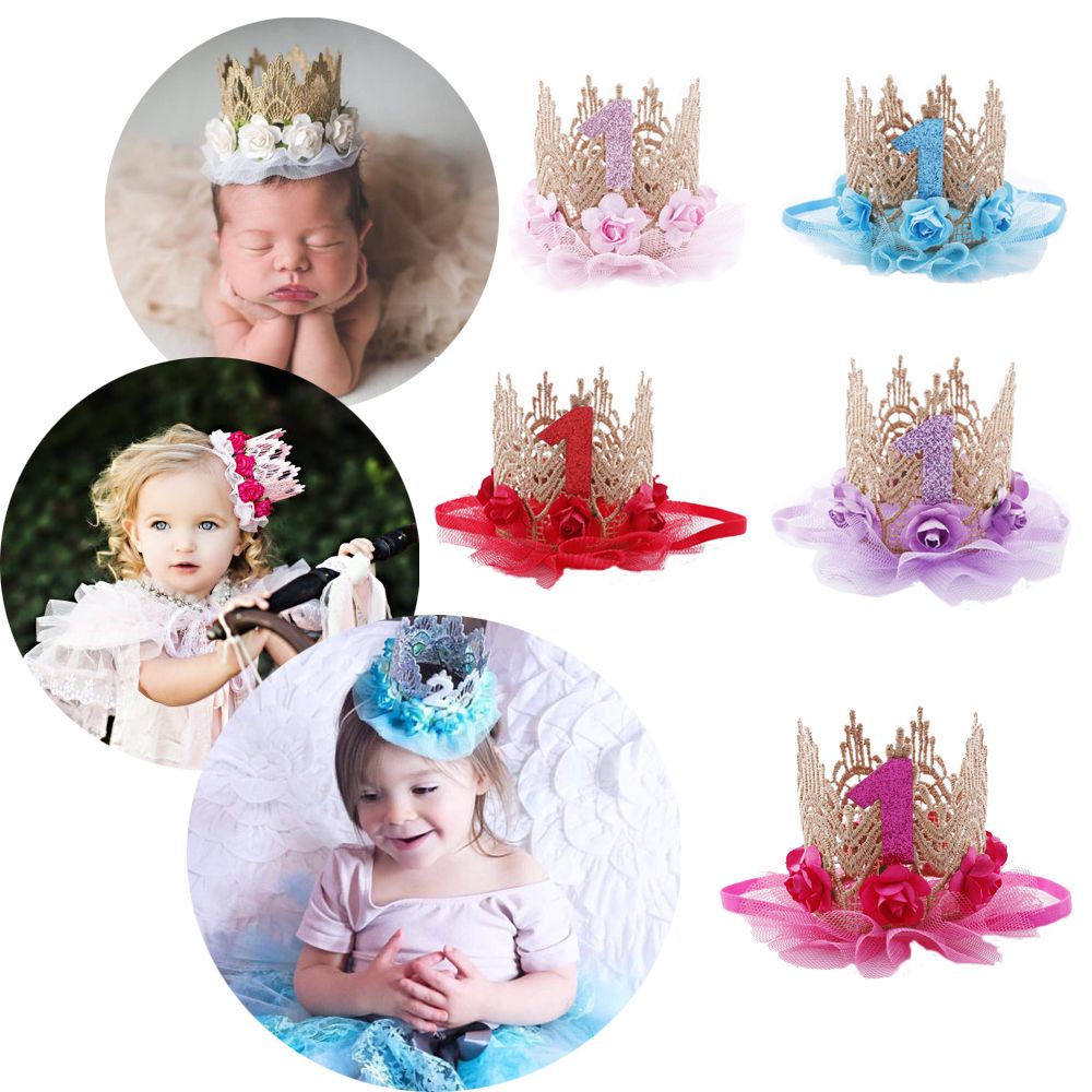 Baby jenter bursdag lue 1 år gammel krone hår band prinsesse blomst hodeplagg fest dekorasjon barn