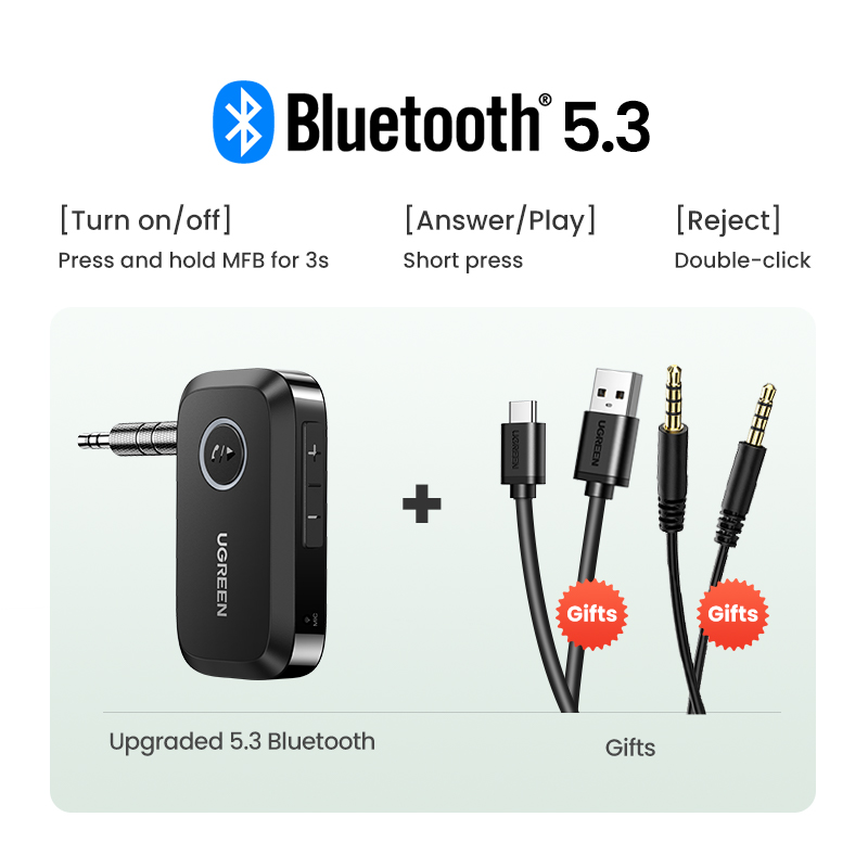 UGREEN-Adaptador de receptor de coche con Bluetooth 3,5, conector auxiliar de 5,3mm para altavoces de coche, receptor de música y Audio, manos libres: Oro