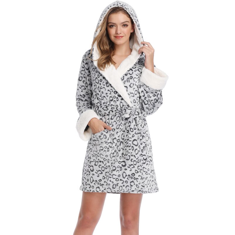 automne hiver Teddy Robes de chambre léopard peignoirs à capuche vêtements de nuit rose Robes de chambre Robes pour les femmes: Gris / L