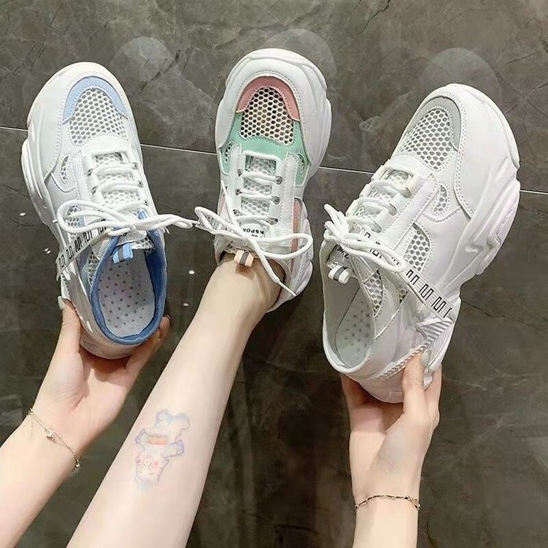 Neue Frauen Turnschuhe Hausschuhe Atmungsaktivem Gittergewebe lässig Maultiere Schuhe Weibliche Sneaker Spitze hoch Freizeit Frauen Vulkanisieren Rutschen