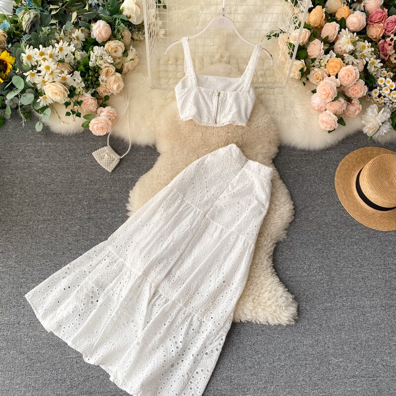 Sommer kvinner uthult todelt sett vintage ermeløse tank topper med slash neck + høyt midje langt skjørt dame hvit/grønn 2pc sett