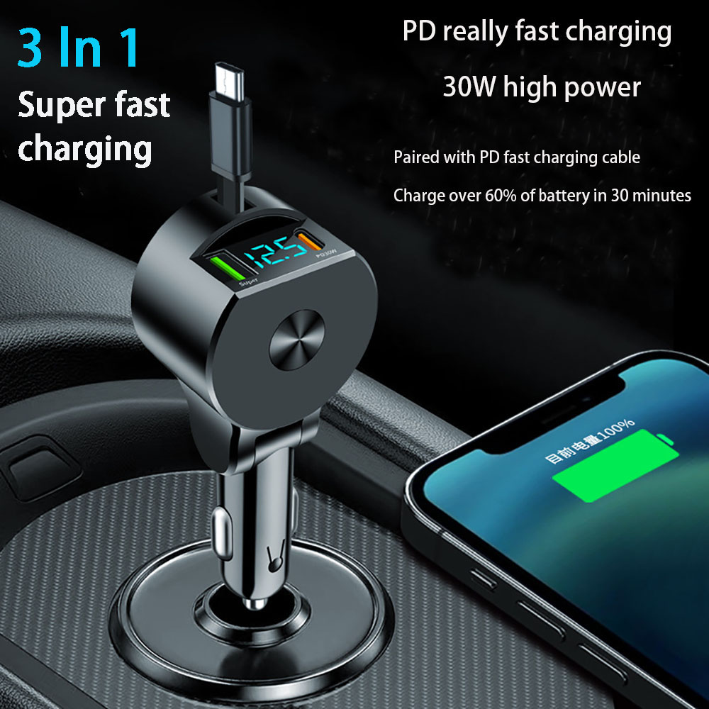 Autolader met spanningsdetectie, supersnel verstelbare 3-in-1 intrekbare telefoonoplader, USB QC3.0 Type C PD USB C snellader