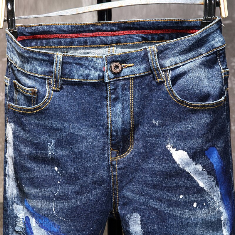 Heren Ripped Patch Jeans Jeugd Business Casual Stretch Slim Broek Mannelijke Koreaanse Mode Trend Blue Denim Broek