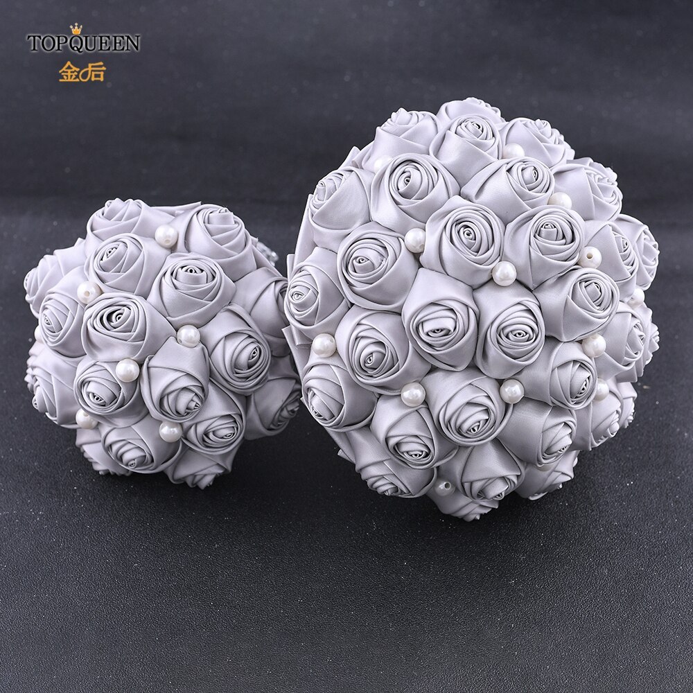 TOPQUEEN F3-GY hecho a mano ramos de novia para boda Premium gris Rosa Flor de satén ramo de rosas de novia para boda accesorios de la boda
